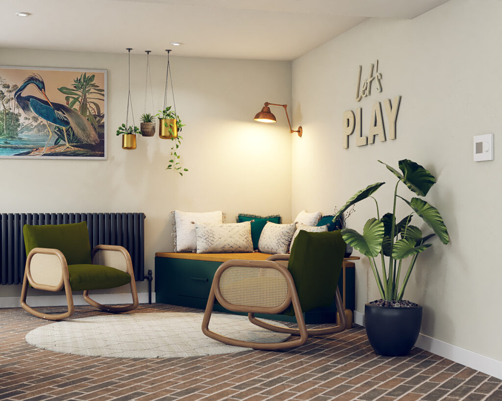 Designed living room with contrasting colours