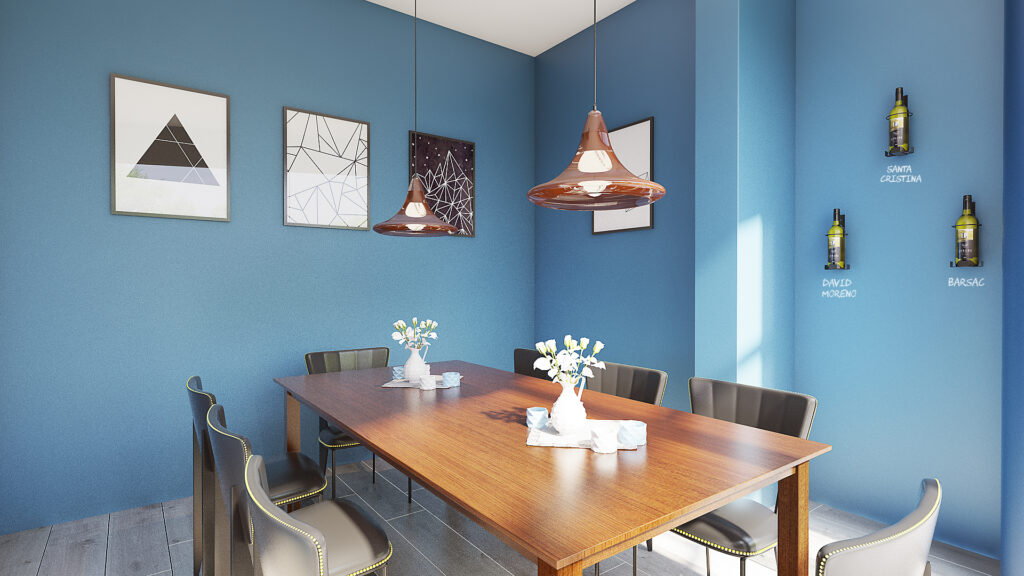 Dining room designed in Pale Blue with 3 wine bottles displayed on the wall