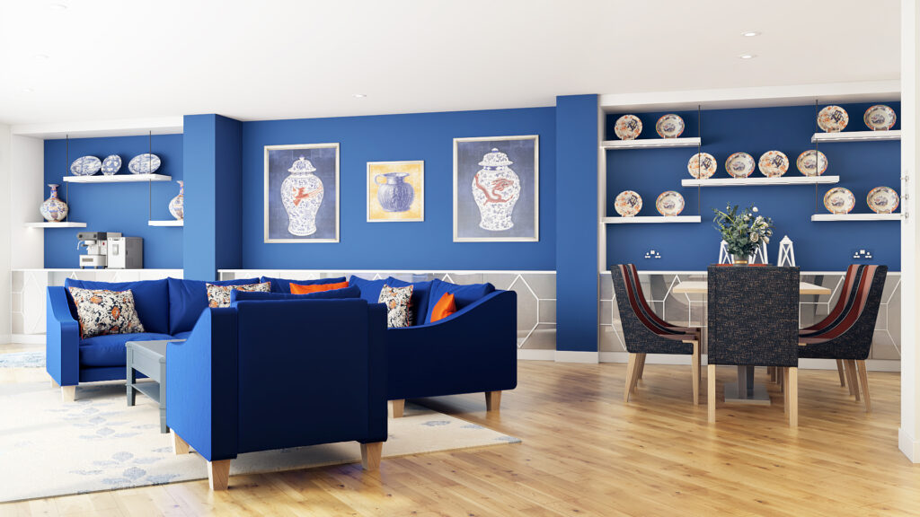 interior Designed living room with fine porcelain plates on the wall suspended shelving