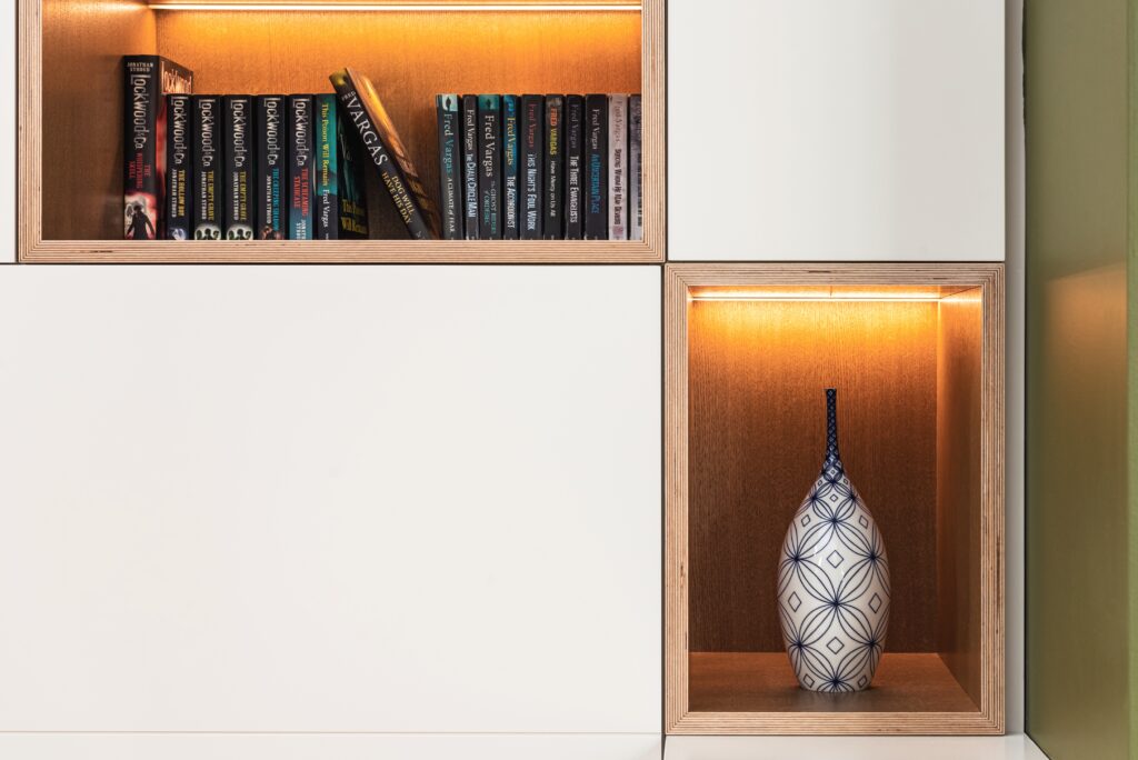 Bespoke joinery shelves with lighting