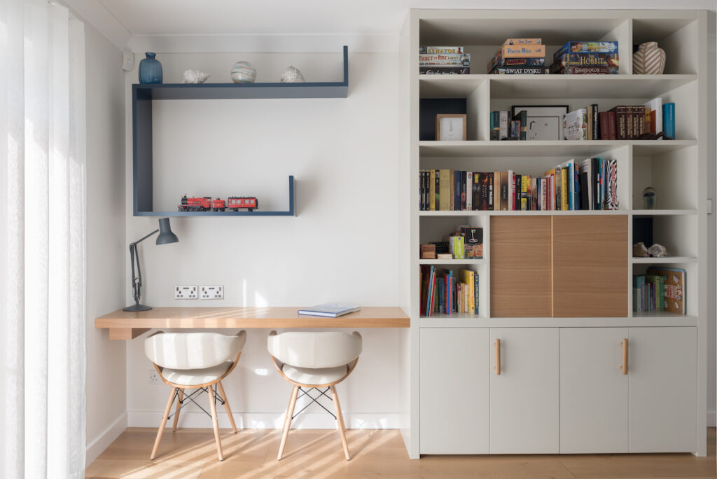 Bespoke Joinery for a family living room: bespoke desk and storage