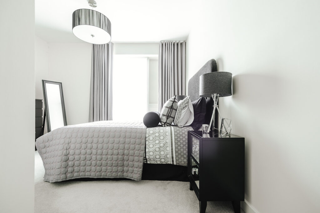 Monochromatic Guest Bedroom-- new build by Katie Malik Design Studio