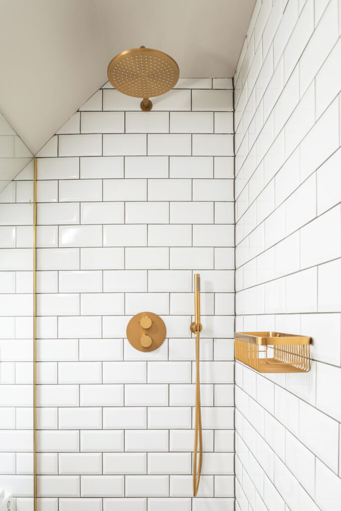 Guest Ensuite- Metro Tiles and Gold brassware by Katie Malik Design Studio