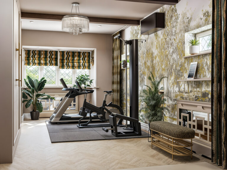 Elegantly designed home gym featuring a treadmill, bike, and cable machine, decorated with forest mural wallpaper, a crystal chandelier, and a gold bench.