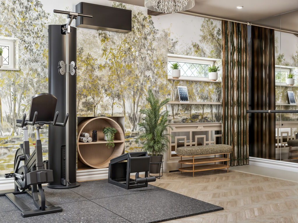 Home gym storage solutions with built-in cabinets and wall-mounted equipment racks