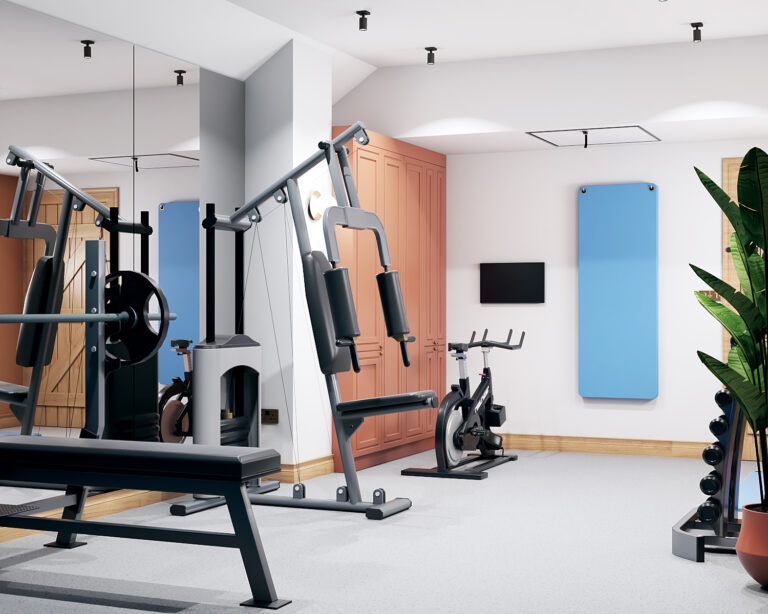 Home gym design in Georgian house with original features and modern equipment integration