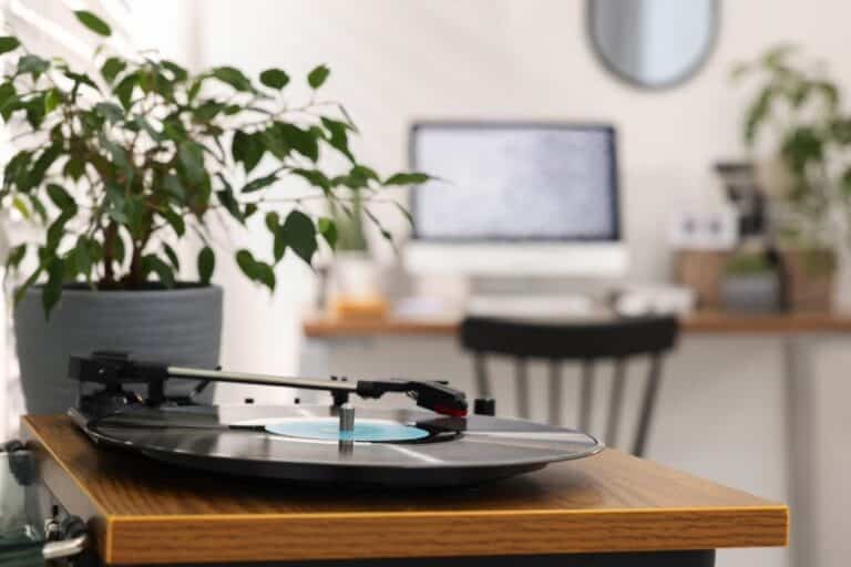 Black vinyl turntable with blue record playing on wooden credenza, potted plant in gray planter nearby, with blurred home office setup in background