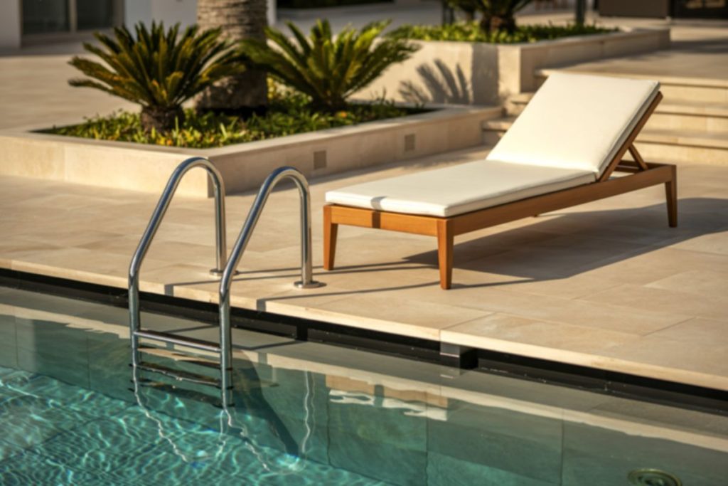 Wooden sun lounger with a white cushion beside a clear blue swimming pool with metal steps, surrounded by light stone paving and palm trees.