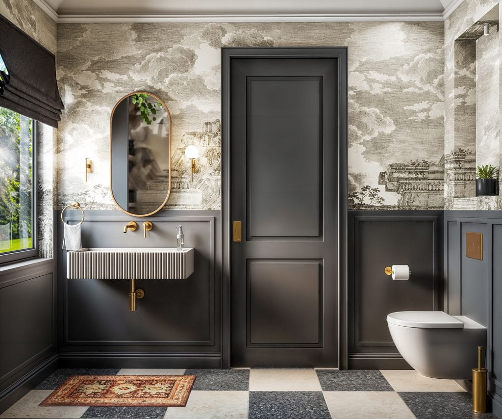 Interior design visualisation of a bold cloakroom in a Cambridgeshire home, featuring dark painted panelling, architectural scenic wallpaper, a wall-hung toilet, and chequerboard flooring — Katie Malik Studio.