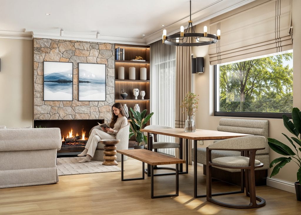 Interior design visualisation of an open-plan dining and snug area in a Cambridgeshire home, featuring a wood dining table with banquette seating, a stone fireplace, bespoke shelving, and modern curved armchairs — Katie Malik Studio.