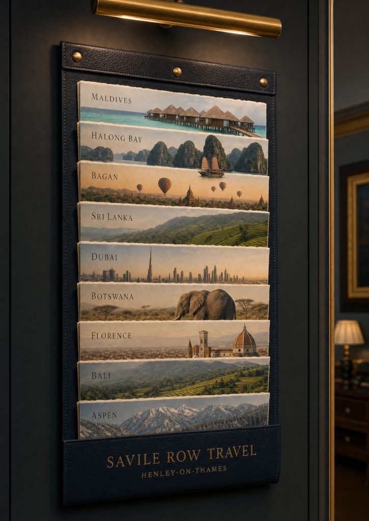 Close-up interior design detail of a bespoke navy leather destination swatch display panel for Savile Row Travel, Henley-on-Thames, featuring layered panoramic travel destination prints — Maldives, Halong Bay, Bagan, Sri Lanka, Dubai, Botswana, Florence, Bali, Aspen — mounted on a deep charcoal wall with a brass picture light above — Katie Malik Studio.
