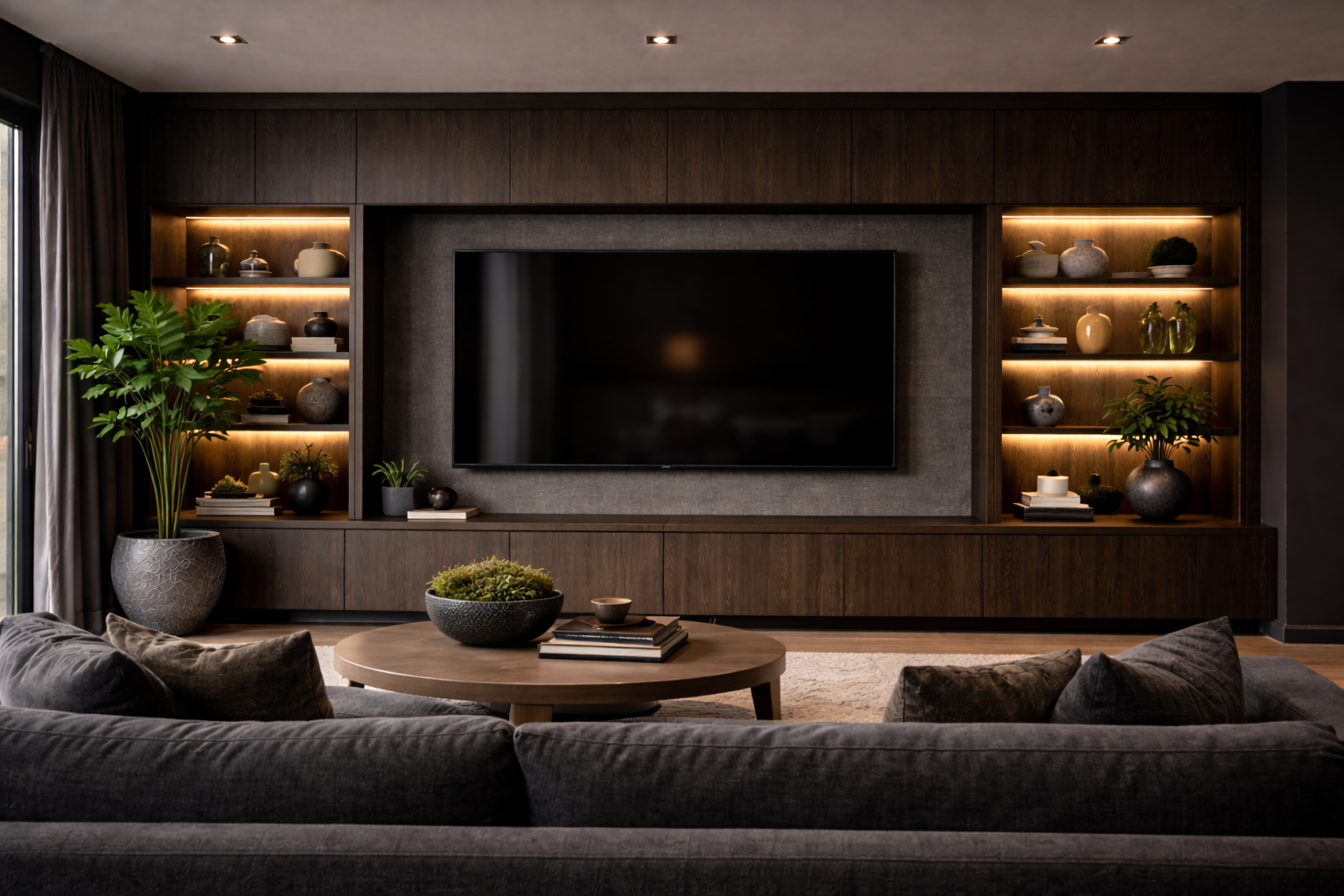 Bespoke dark wood media wall with built-in shelving, integrated LED strip lighting, a centrally mounted flat-screen television, styled shelves with ceramics and plants, and a dark grey sectional sofa in the foreground