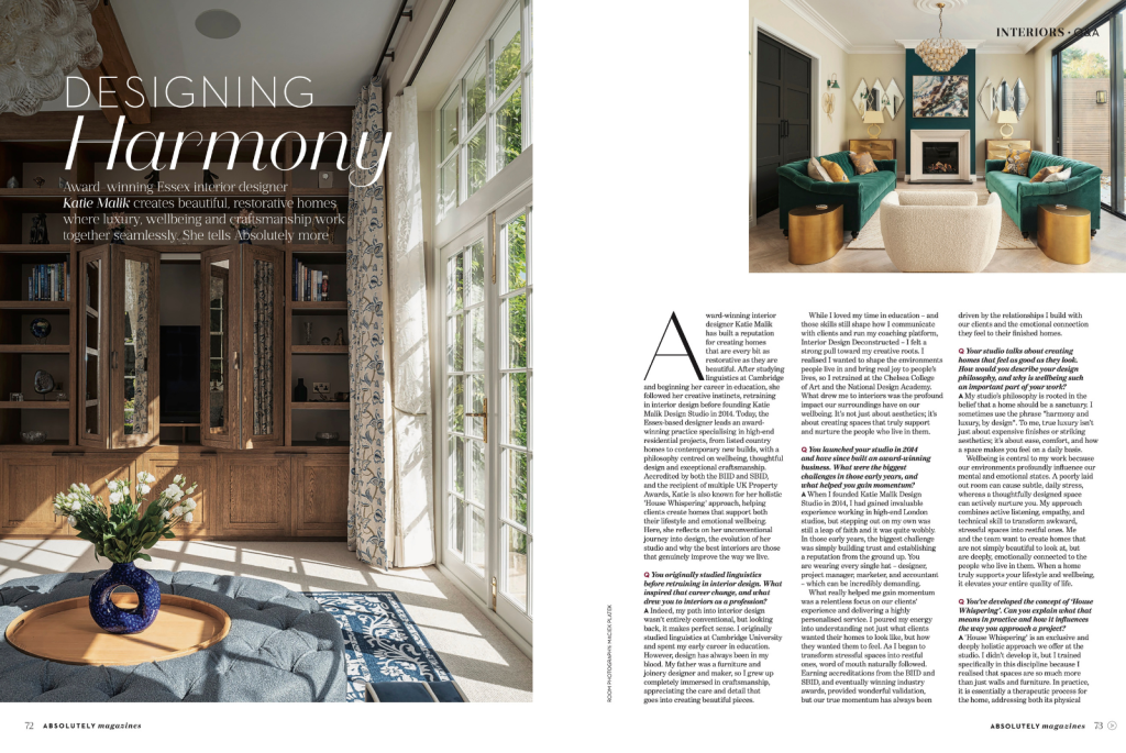 Katie Malik Design Studio featuring the "Designing Harmony" article spread from Absolutely Essex magazine, highlighting luxury interior design with bespoke joinery and a beautifully styled living space in Essex and the home counties