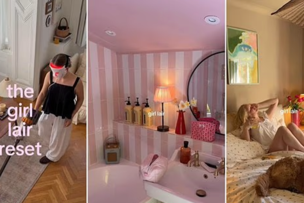 A three-panel social media collage illustrating the 'girl lair' trend as featured in the Daily Mail — showing a woman vacuuming her home sanctuary, an all-pink striped bathroom styled with flowers and warm lighting, and a woman relaxing on a cosy bed surrounded by colourful accents — the female answer to the man cave, as discussed by interior designer Katie Malik