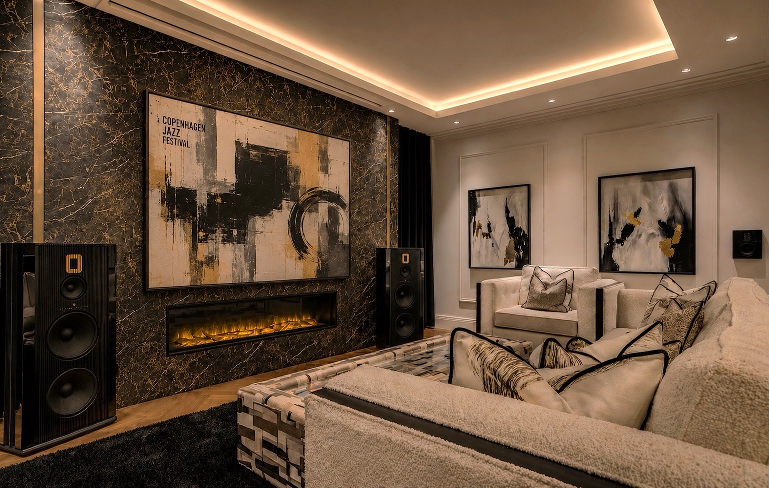 Luxury music room featuring floor-standing Steinway speakers, a dramatic dark marble feature wall with gold veining, an electric fireplace, abstract artwork, and cream boucle seating with warm cove lighting